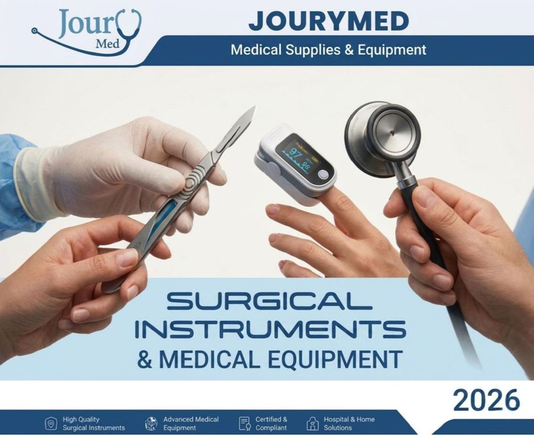 Cover of the JouryMed 2026 catalogue showing surgical instruments, a stethoscope and a pulse oximeter